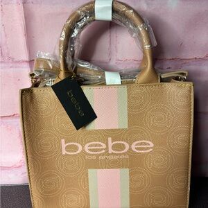 bebe Tan Satchel with Pink & Cream Stripe Accents